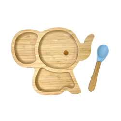 CAP BAMBOO SET PASTO BABY ELEFANTE BLU PASTELLO  (Piatto + Cucchiaio)