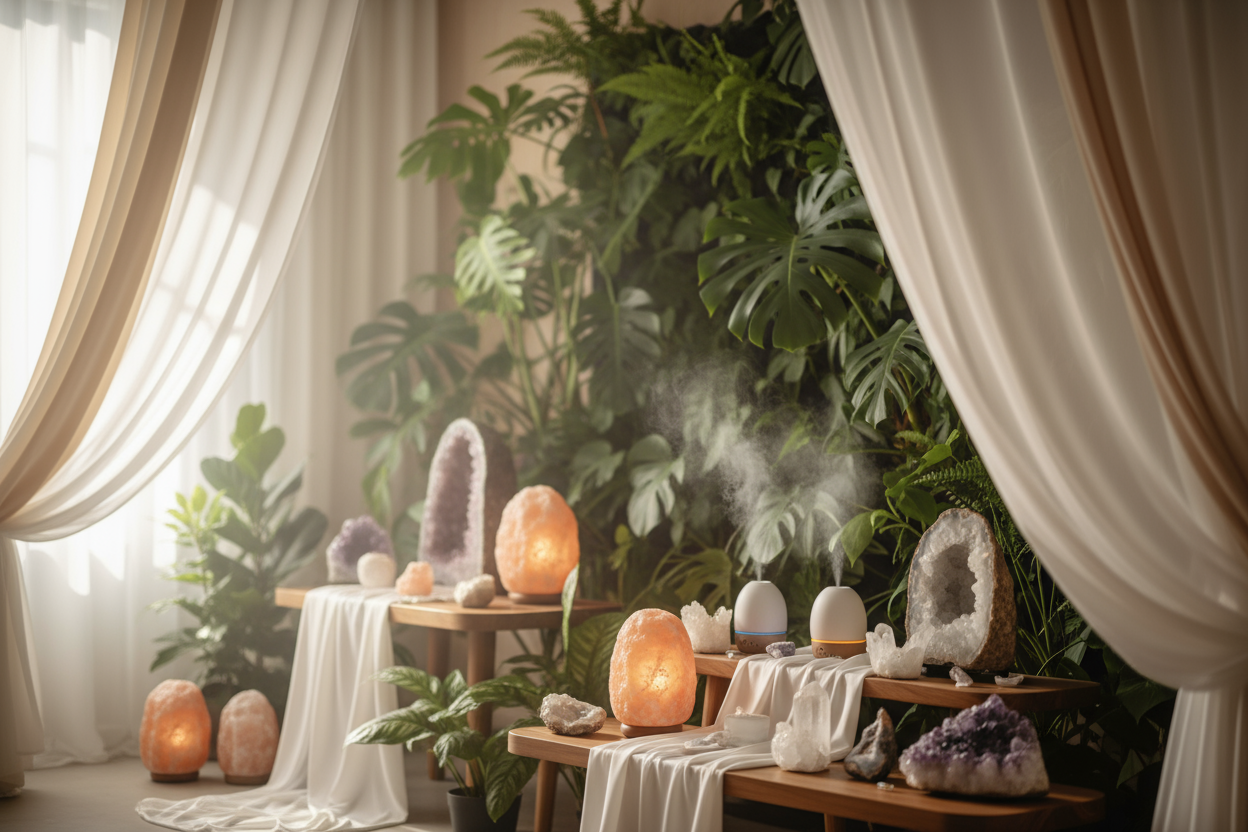 CREA IMMAGINE 1200x400 px o 1600x500 px CON SFONDO SFOCATO AMBIENTE OLISTICO DI LUSSO CON SETA COLORI NEUTRI BIANCO BEIGE CON PIANTE DIFFUSORI DI AROMATERAPIA LAMPADE DI SALE CRISTALLI GEODI E DRUSE 